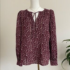 LOFT Burgundy Floral Tie Neck Long Sleeve 99% Cotton Blouse M